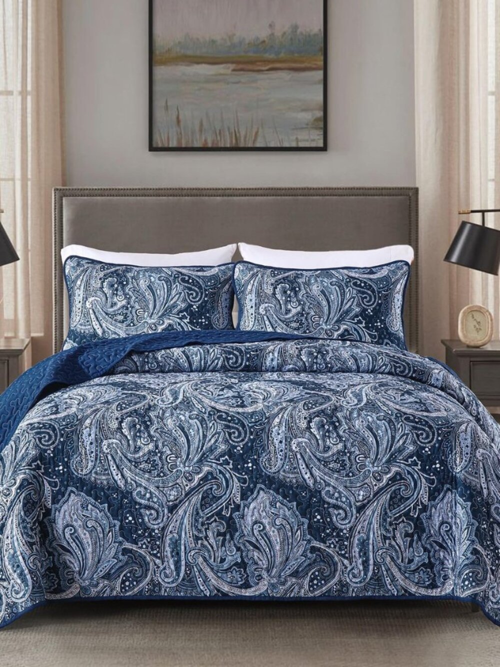 Navy Paisley Quilt Set California King Size, Boho Bedspread Coverlet
